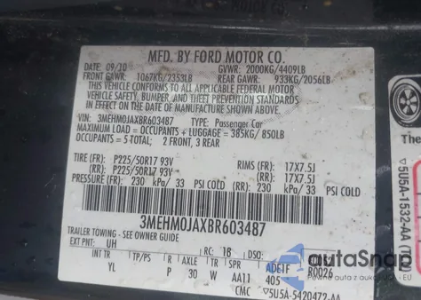 2011 Mercury Milan Premier из США, поврежденный, VIN 3MEHM0JAXBR603487